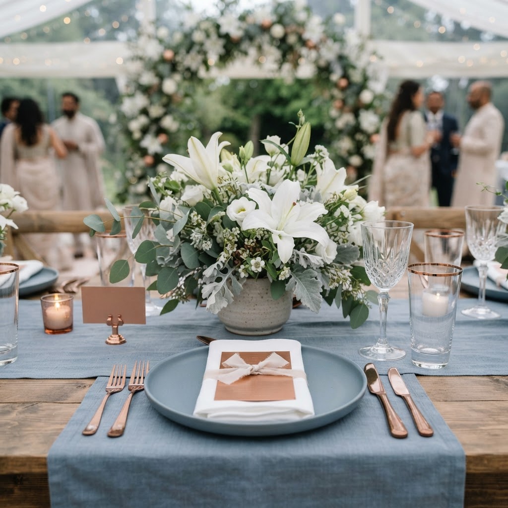 Dusty Blue And Copper Wedding Tablescape