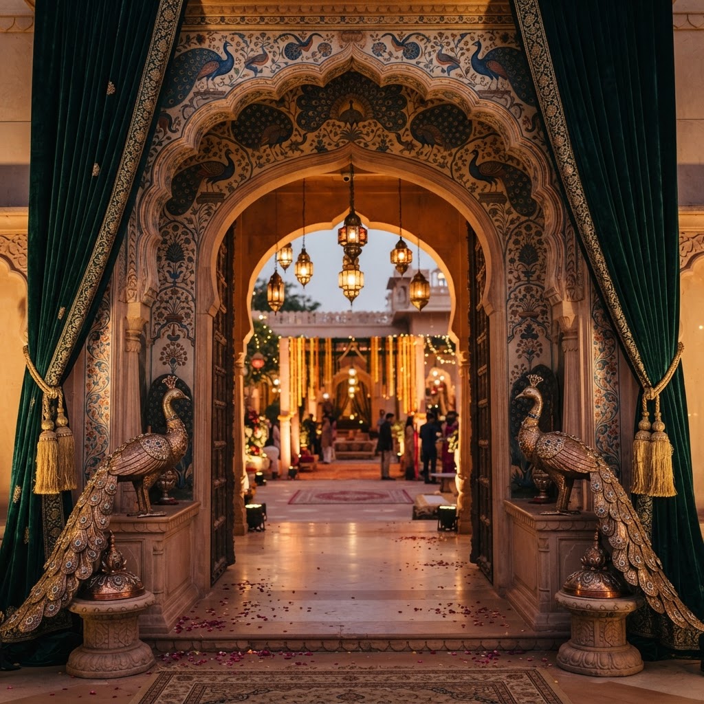 Royal Peacock Entrance With Green Velvet Drapes