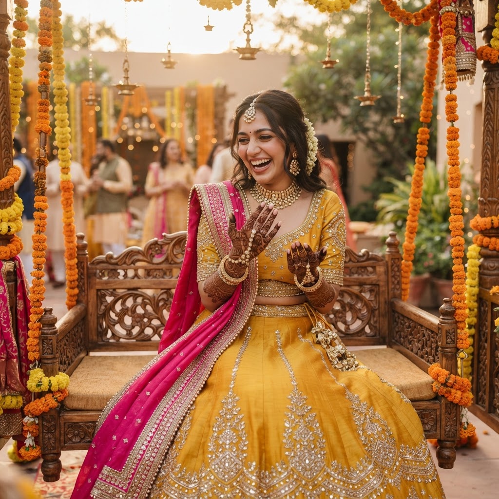 Yellow And Pink Embellished Mehndi Lehenga
