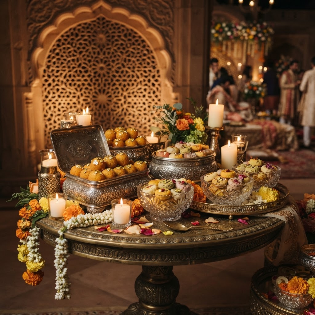 Elegant Silver Mithai Display With Candles