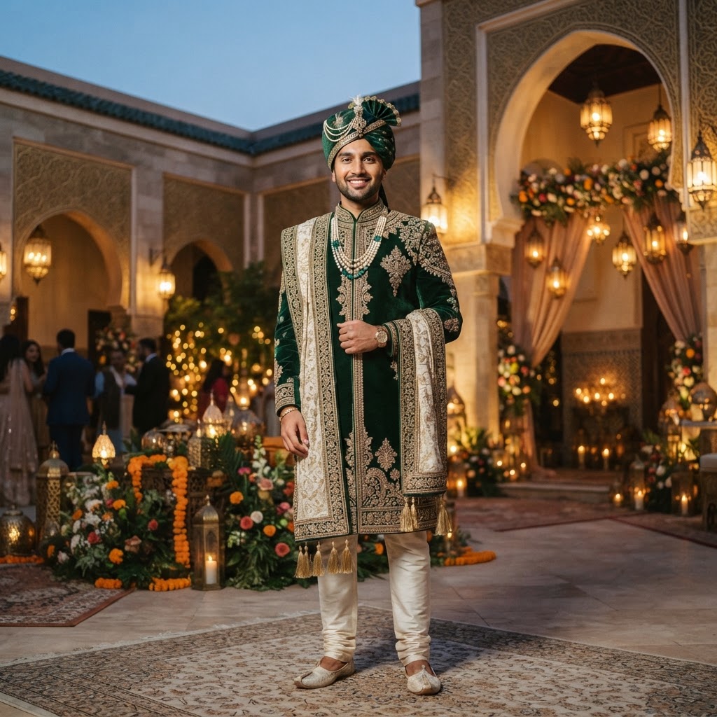Emerald Green Velvet Groom Sherwani