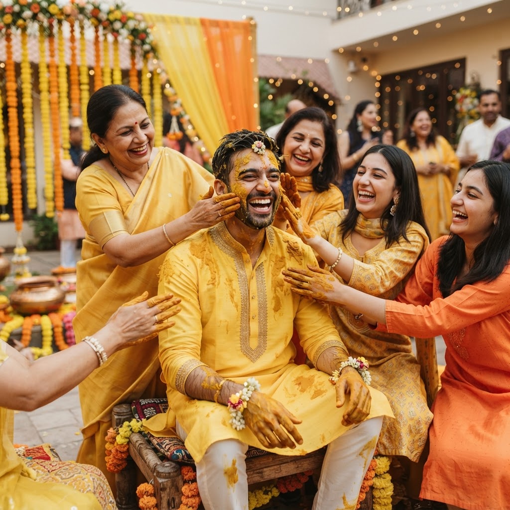 Groom Wearing Traditional Yellow Haldi Kurta