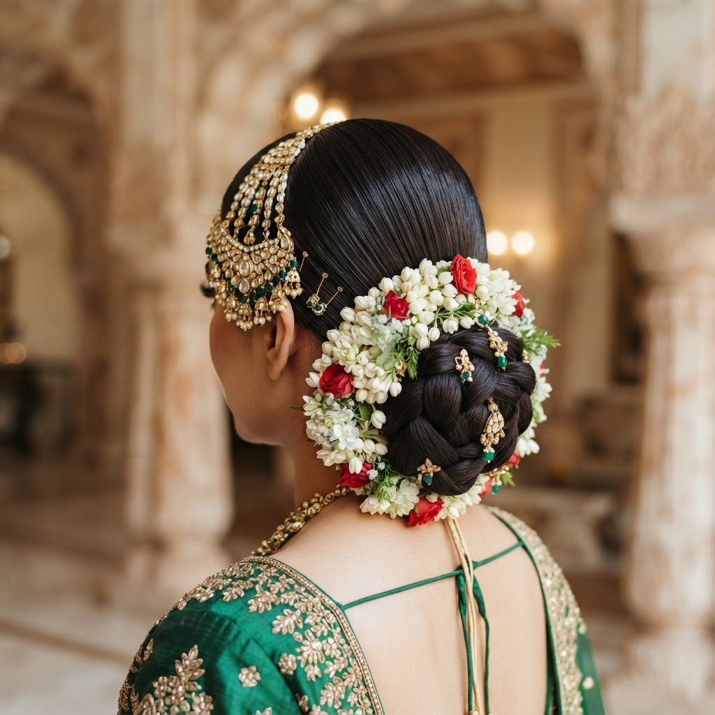 Floral Braided Bun With Gold Mathapatti