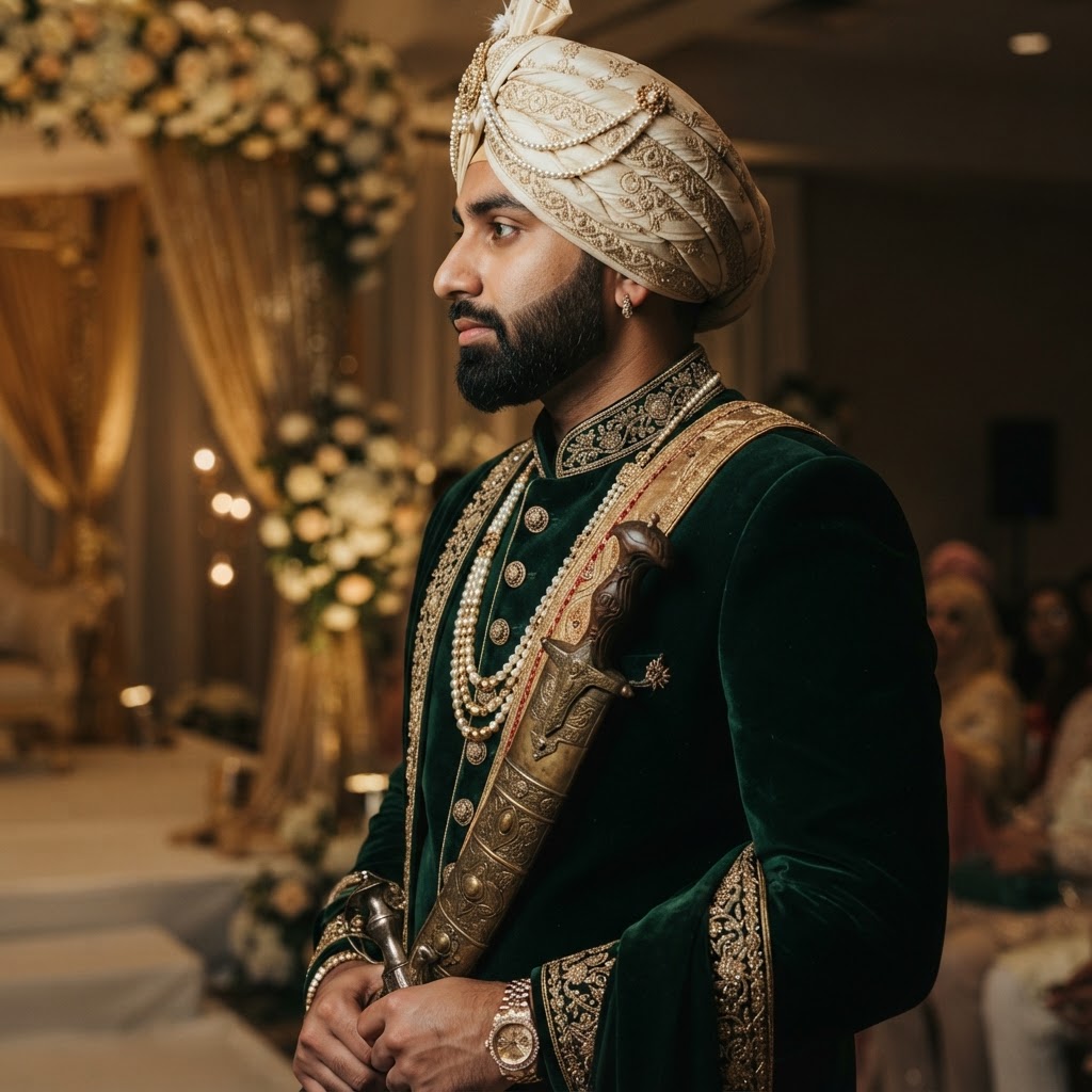 Emerald Velvet Sherwani With Ceremonial Kirpan