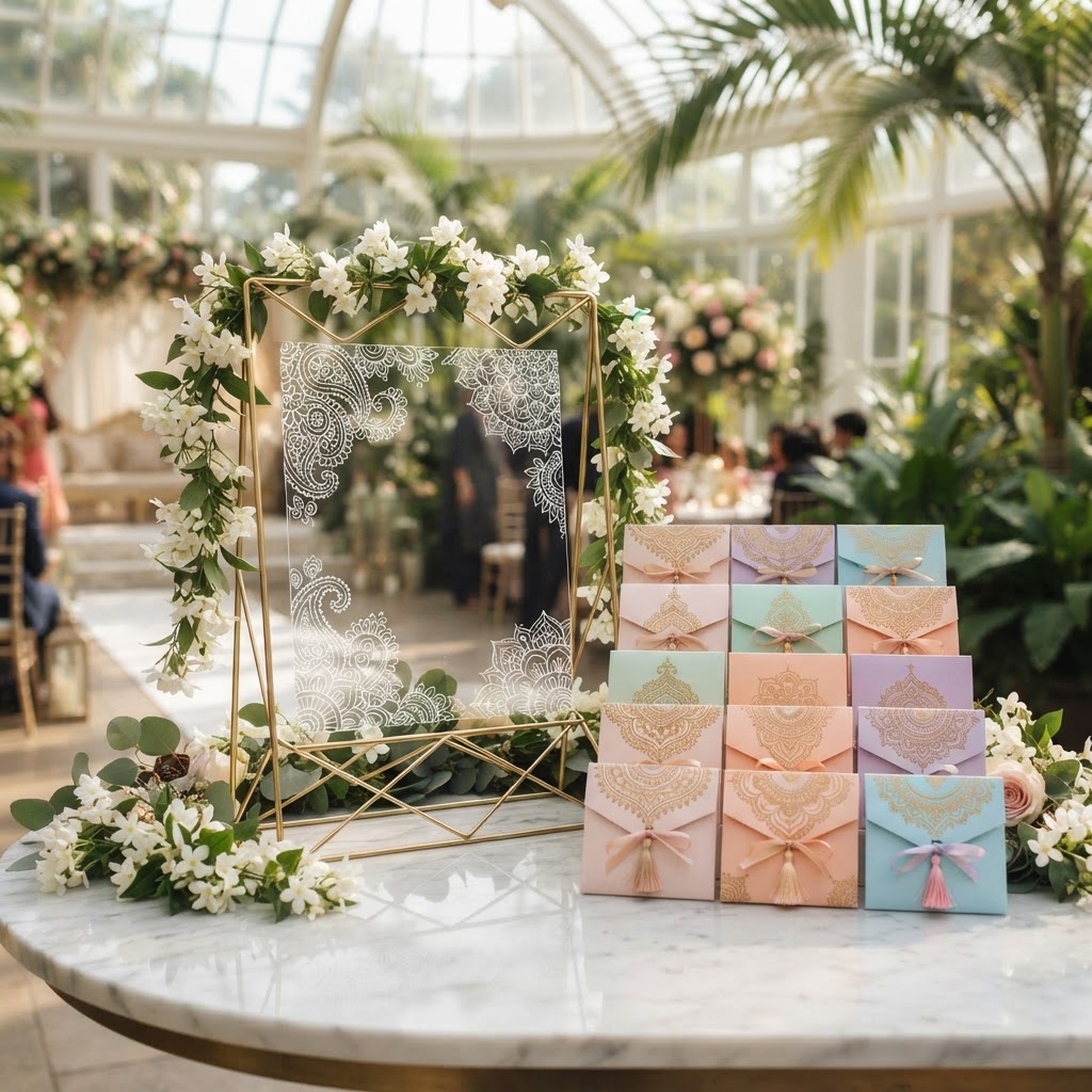 Acrylic Paisley Wedding Signage With Favor Boxes