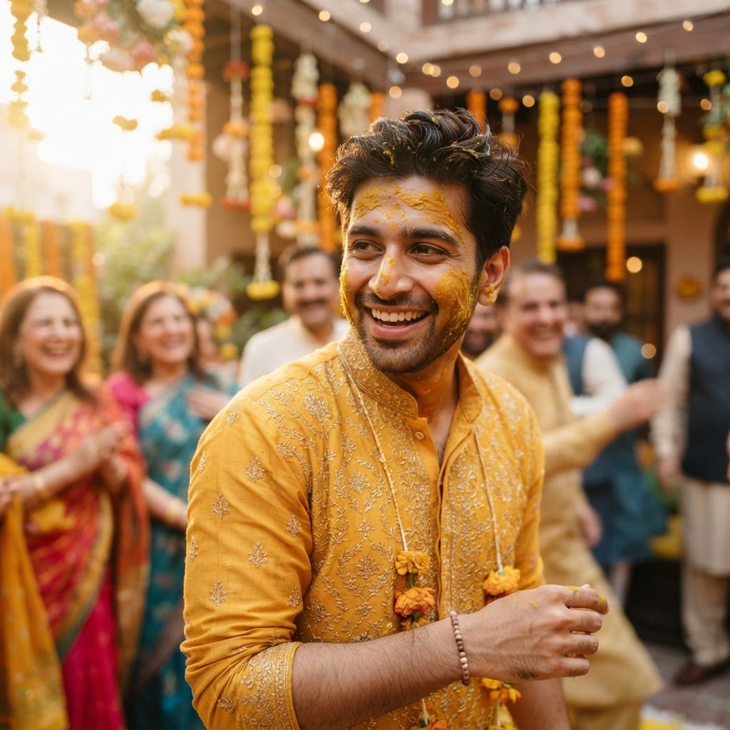 Embroidered Yellow Kurta For Groom Haldi