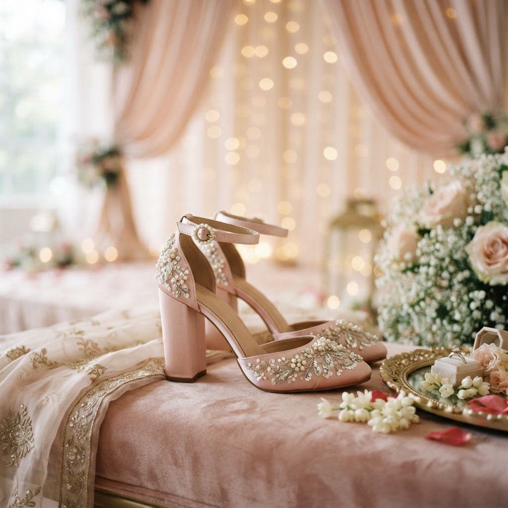 Blush Pink Embellished Block Heels