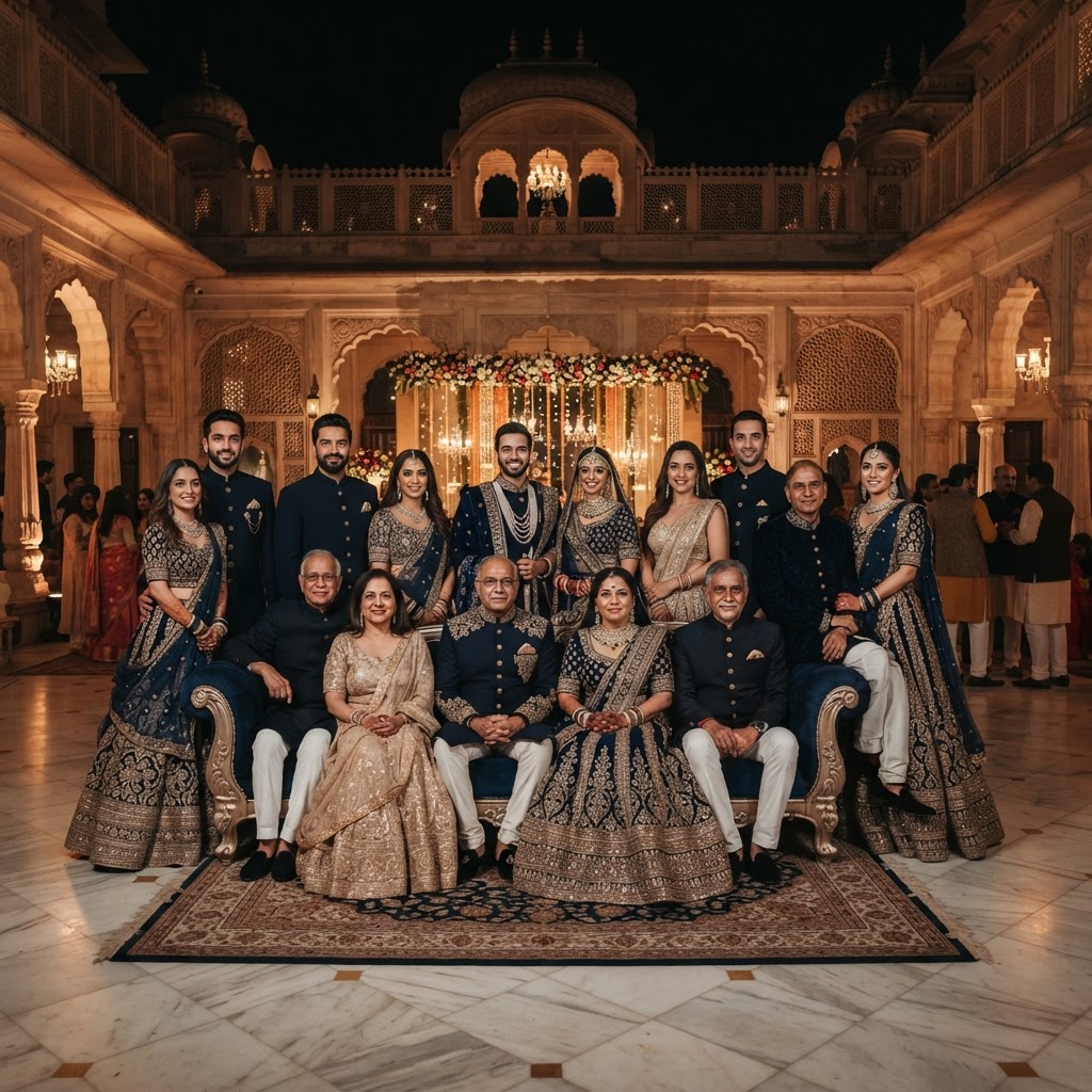 Elegant Navy And Gold Family Wedding Portrait