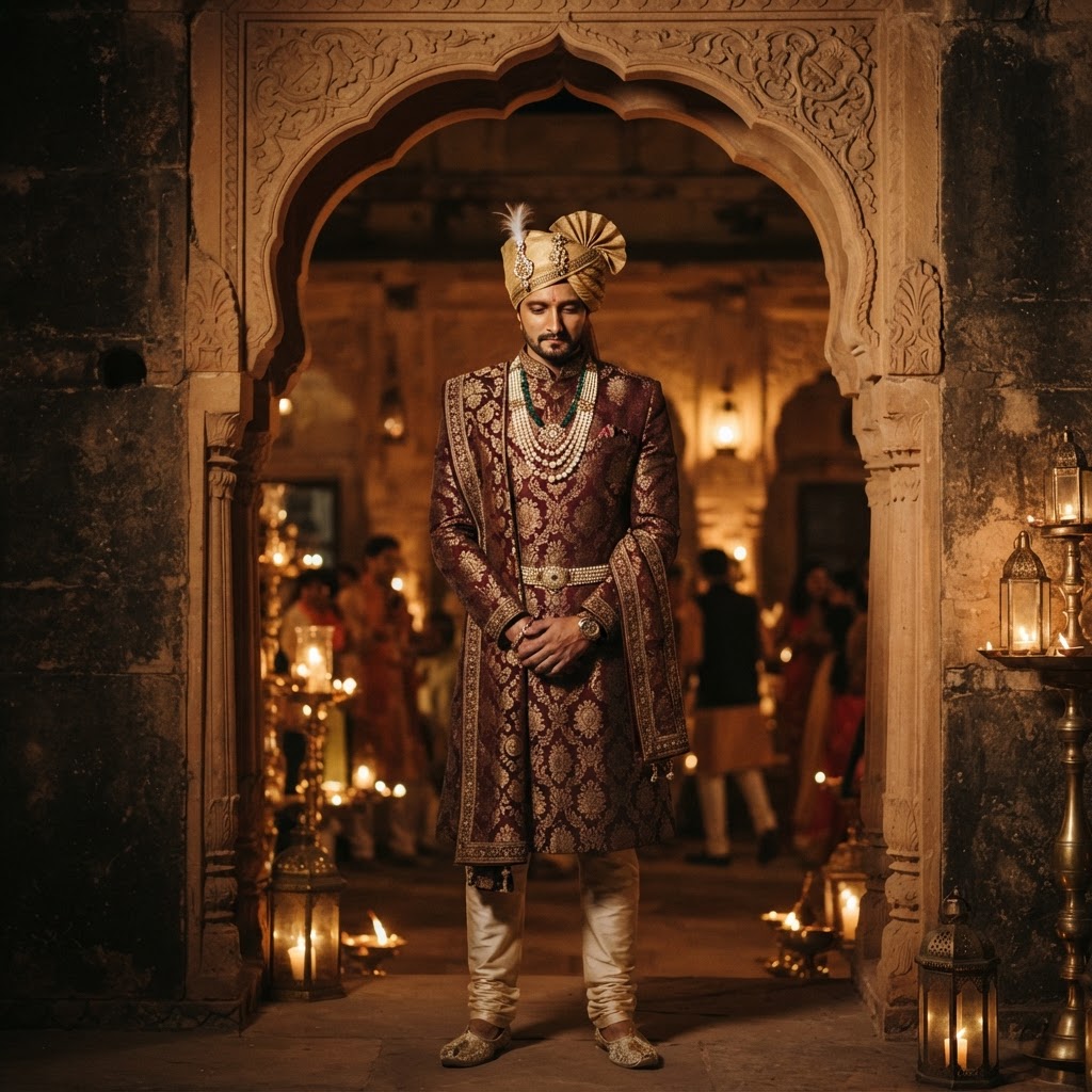 Maroon Embroidered Sherwani For Groom