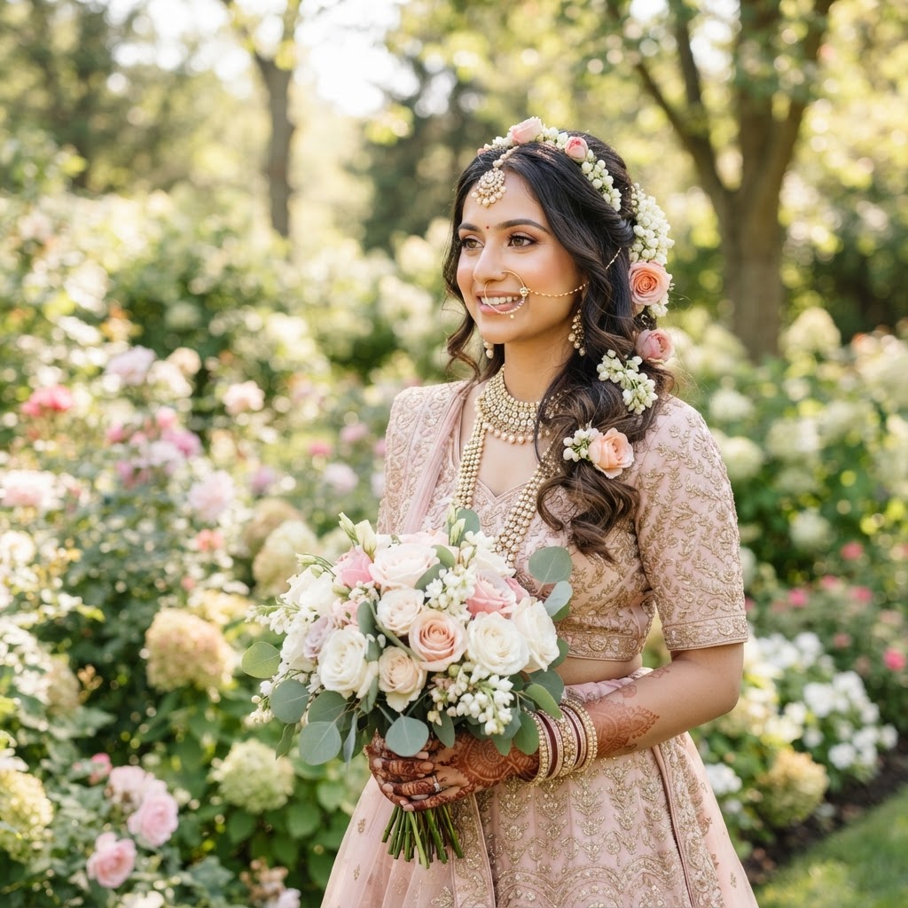 Soft Glam Bride With Floral Hairstyle