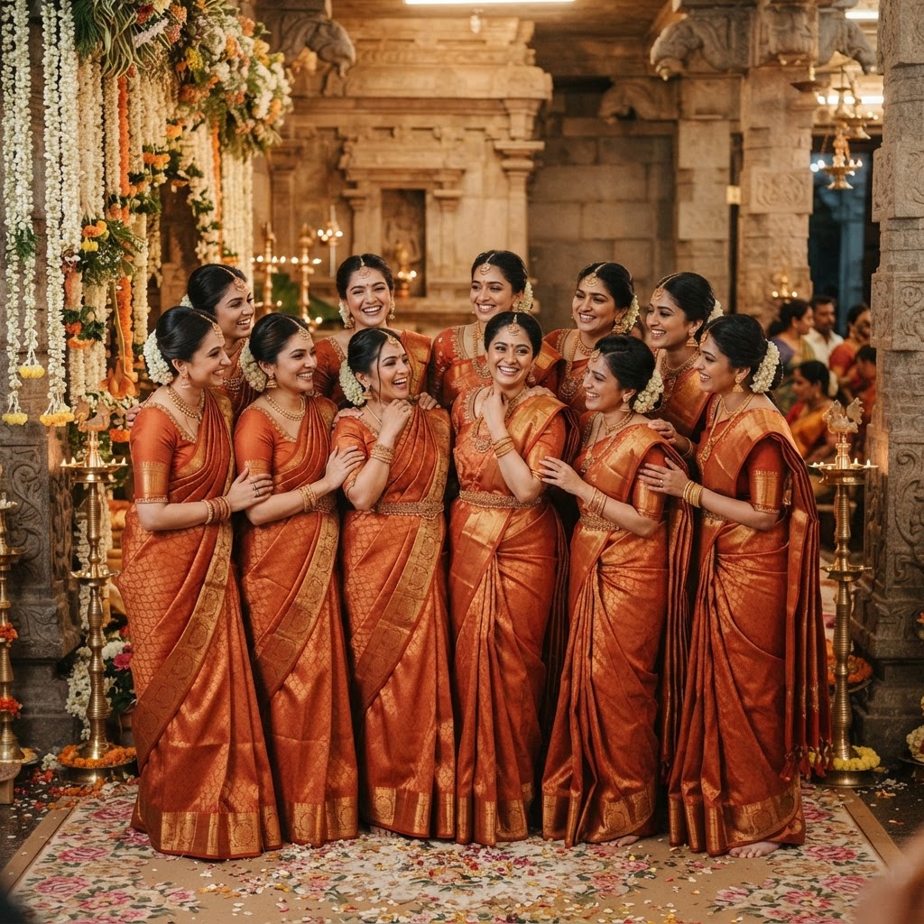 Coordinated Burnt Orange Silk Bridesmaid Sarees