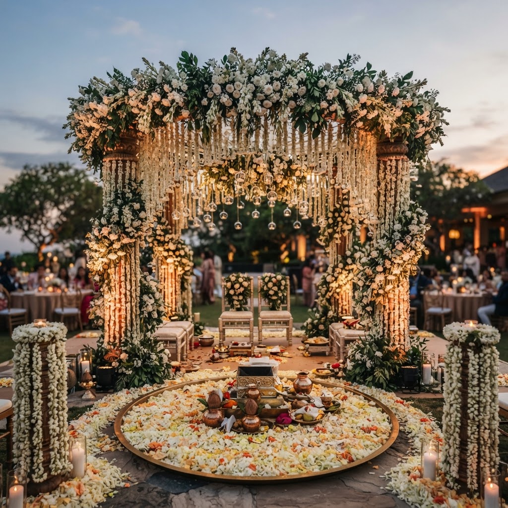 White Floral Mandap With Hanging Orbs