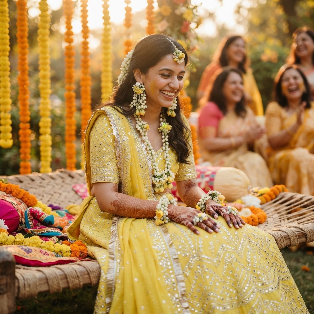 Bright Yellow Embroidered Haldi Lehenga Set