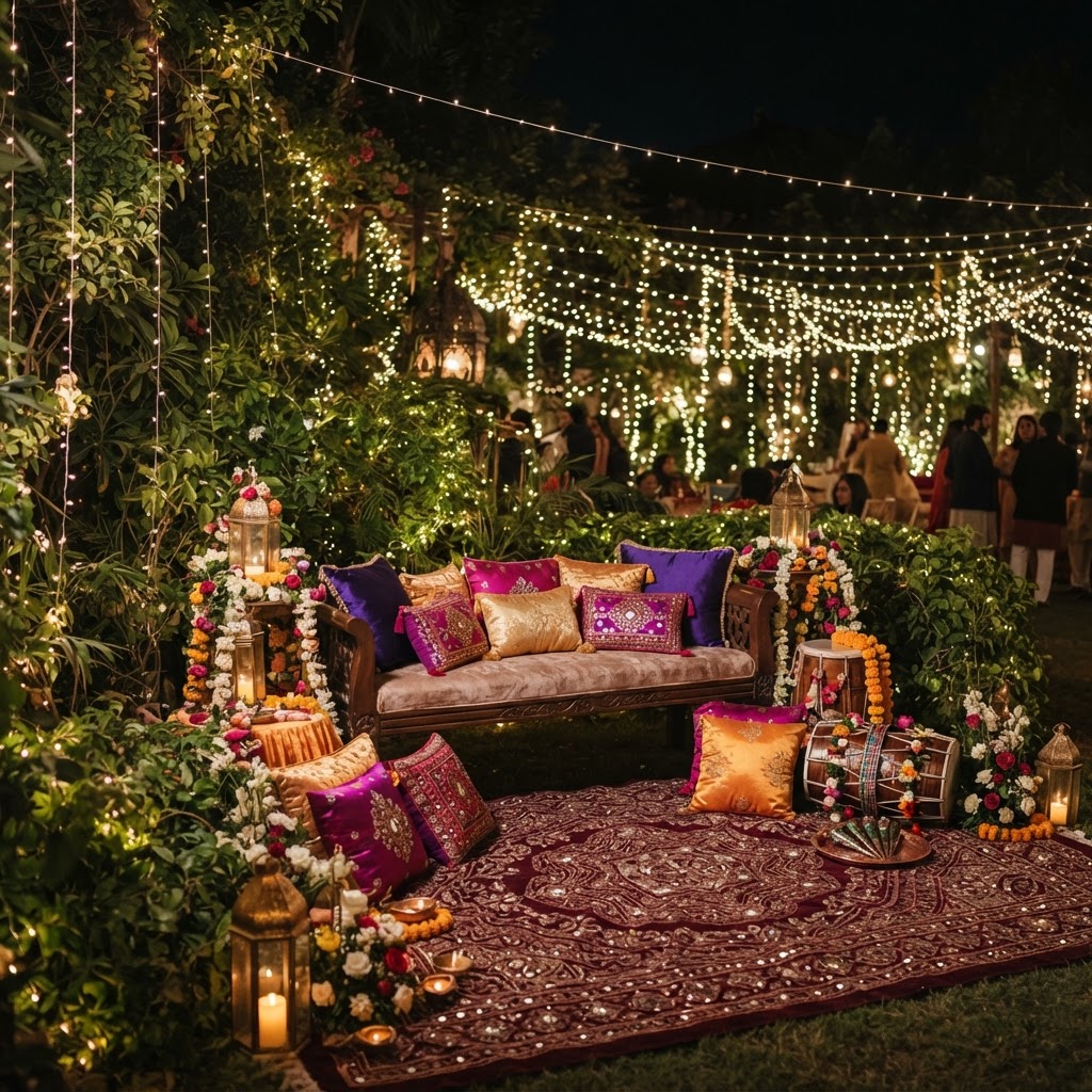 Evening Mehndi Setup With Fairy Lights