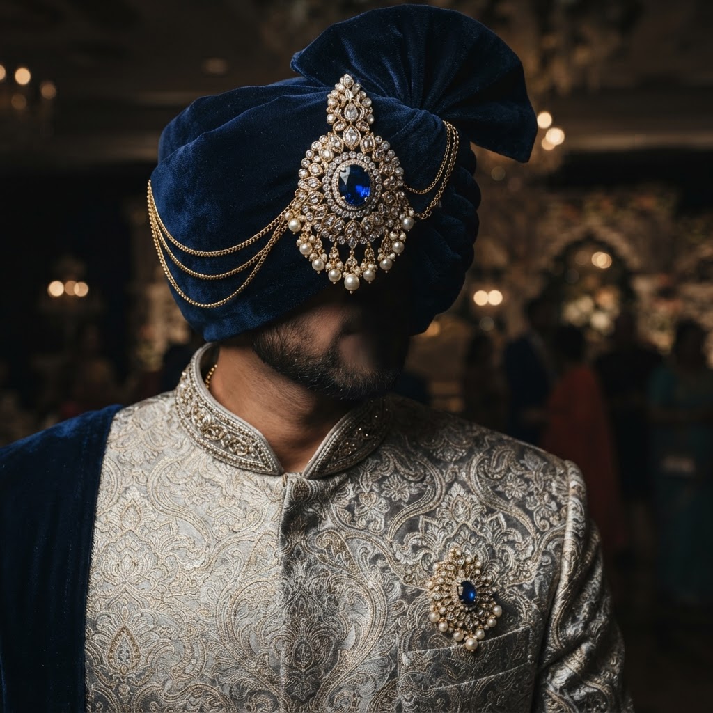 Royal Blue Velvet Groom Kalgi And Brooch