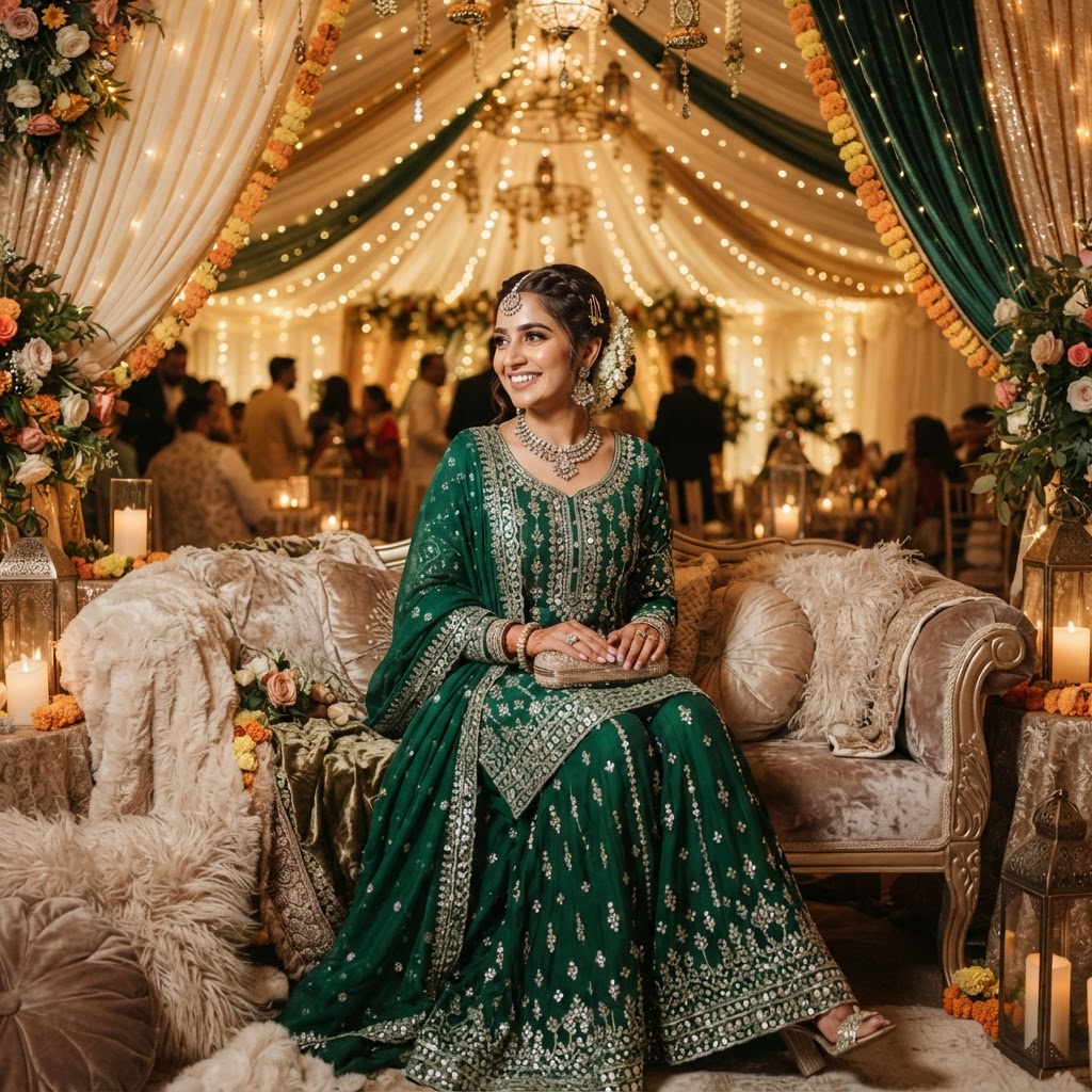 Emerald Green Embroidered Sharara Set