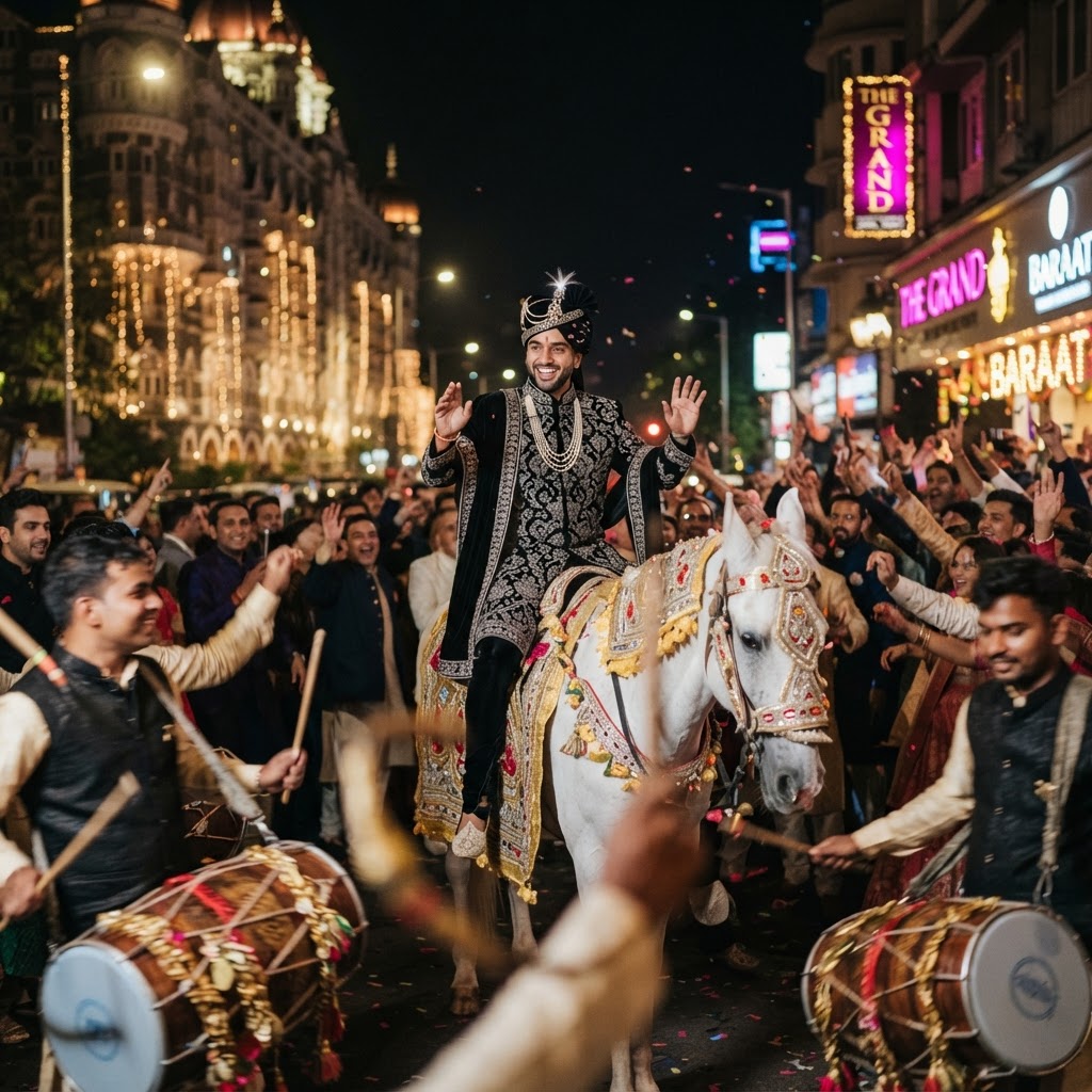 Groom Riding White Horse In Baraat