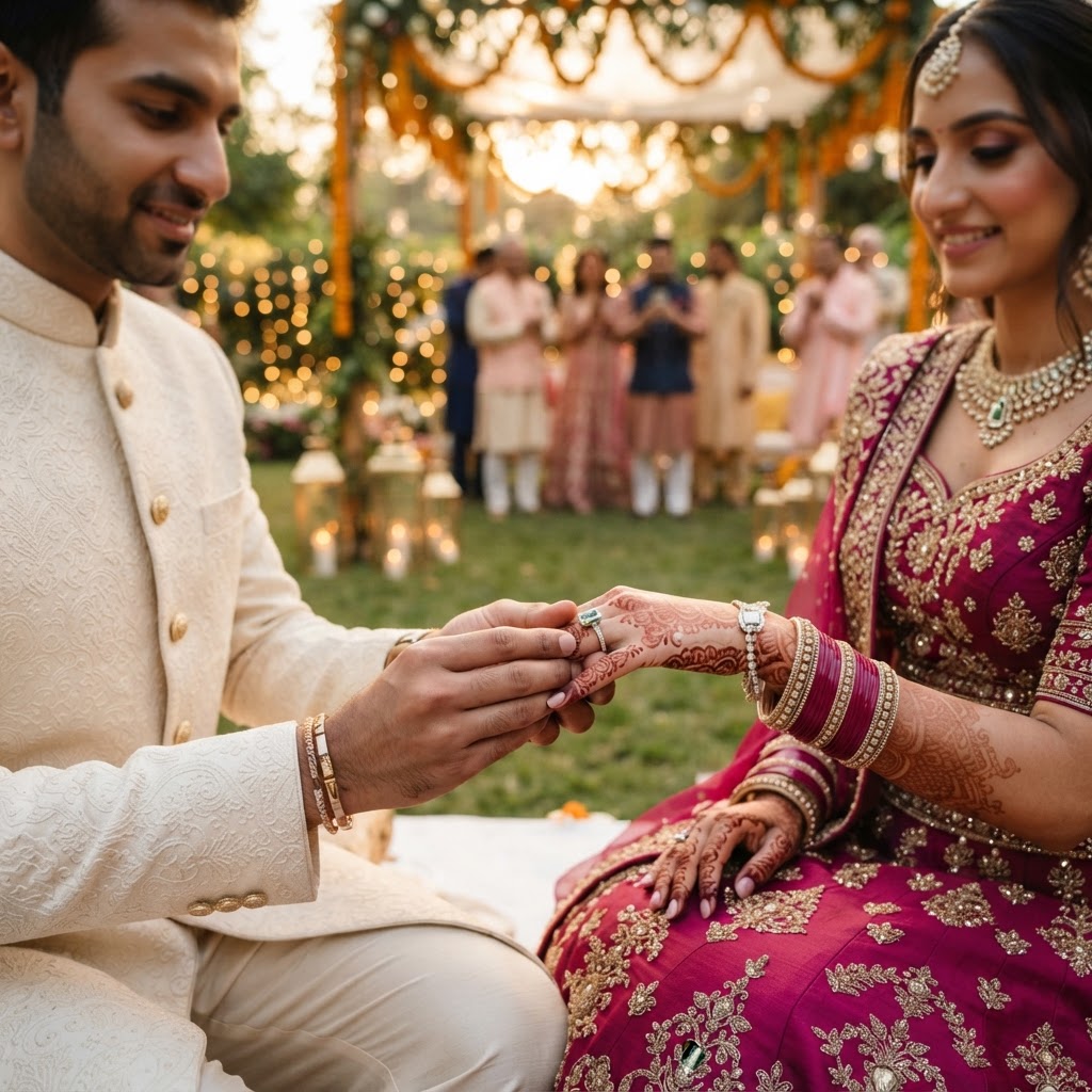 Traditional Couple Exchanging Engagement Rings