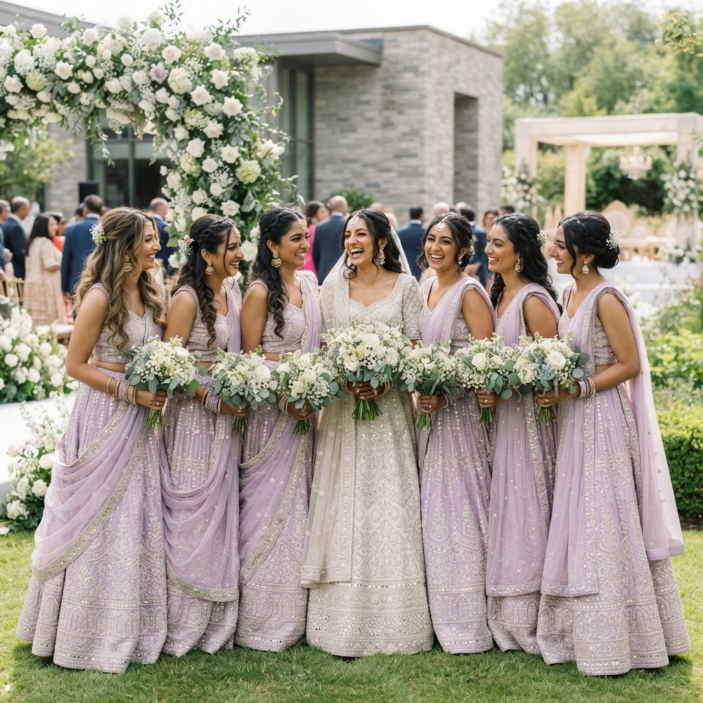 Lilac Embroidered Bridesmaids Lehengas