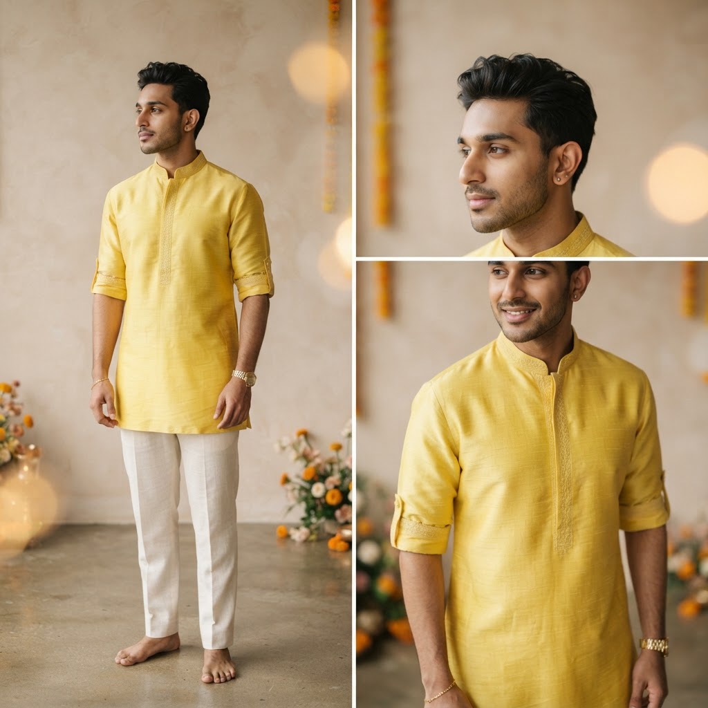 Minimalist Yellow Silk Groom Haldi Kurta