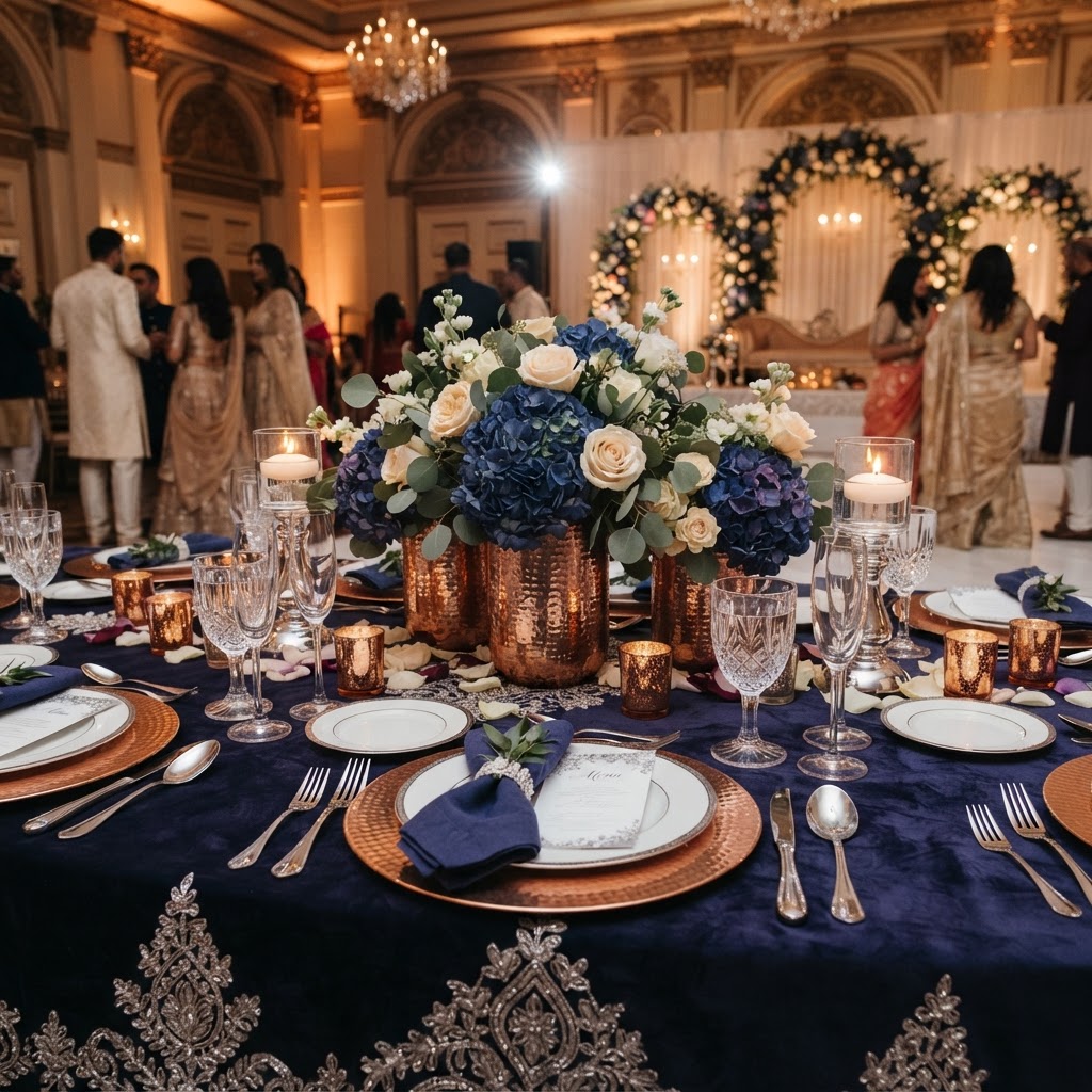Navy Blue And Copper Wedding Tablescape