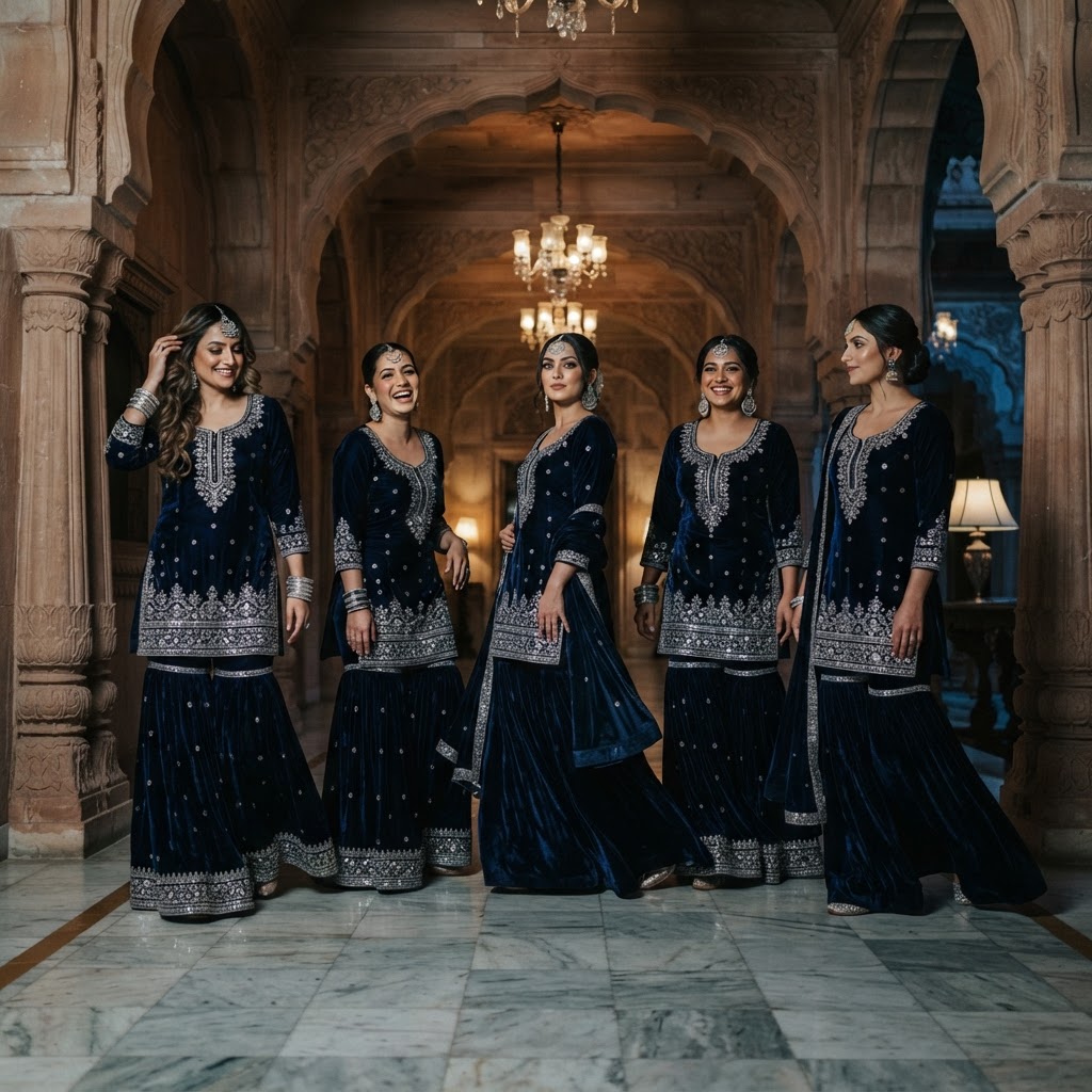 Midnight Blue Velvet Bridesmaid Gharara Suits