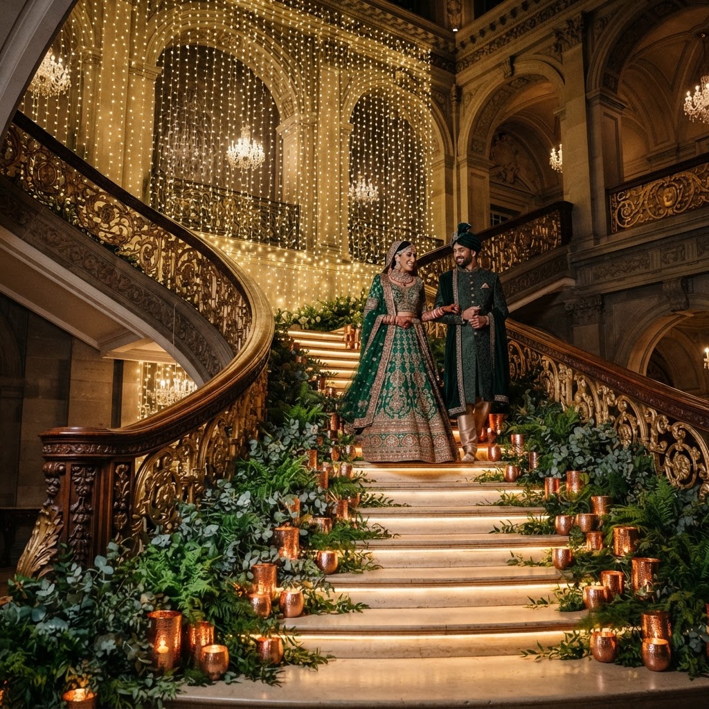 Emerald Green Bridal Outfit Staircase Decor