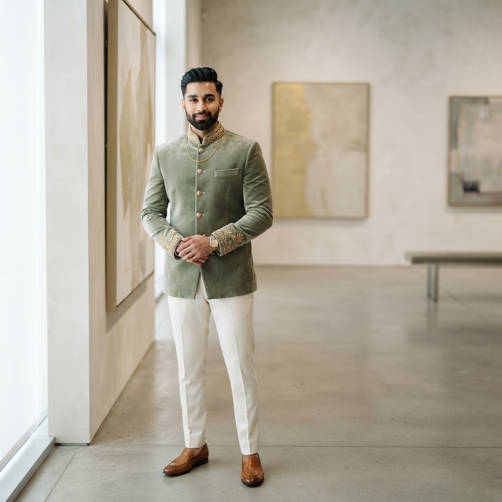 Sage Green Velvet Bandhgala Groom Outfit