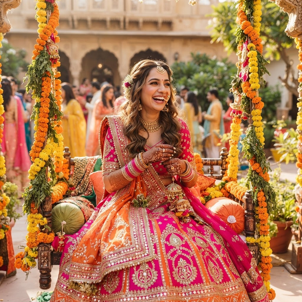 Pink And Orange Embroidered Mehndi Lehenga