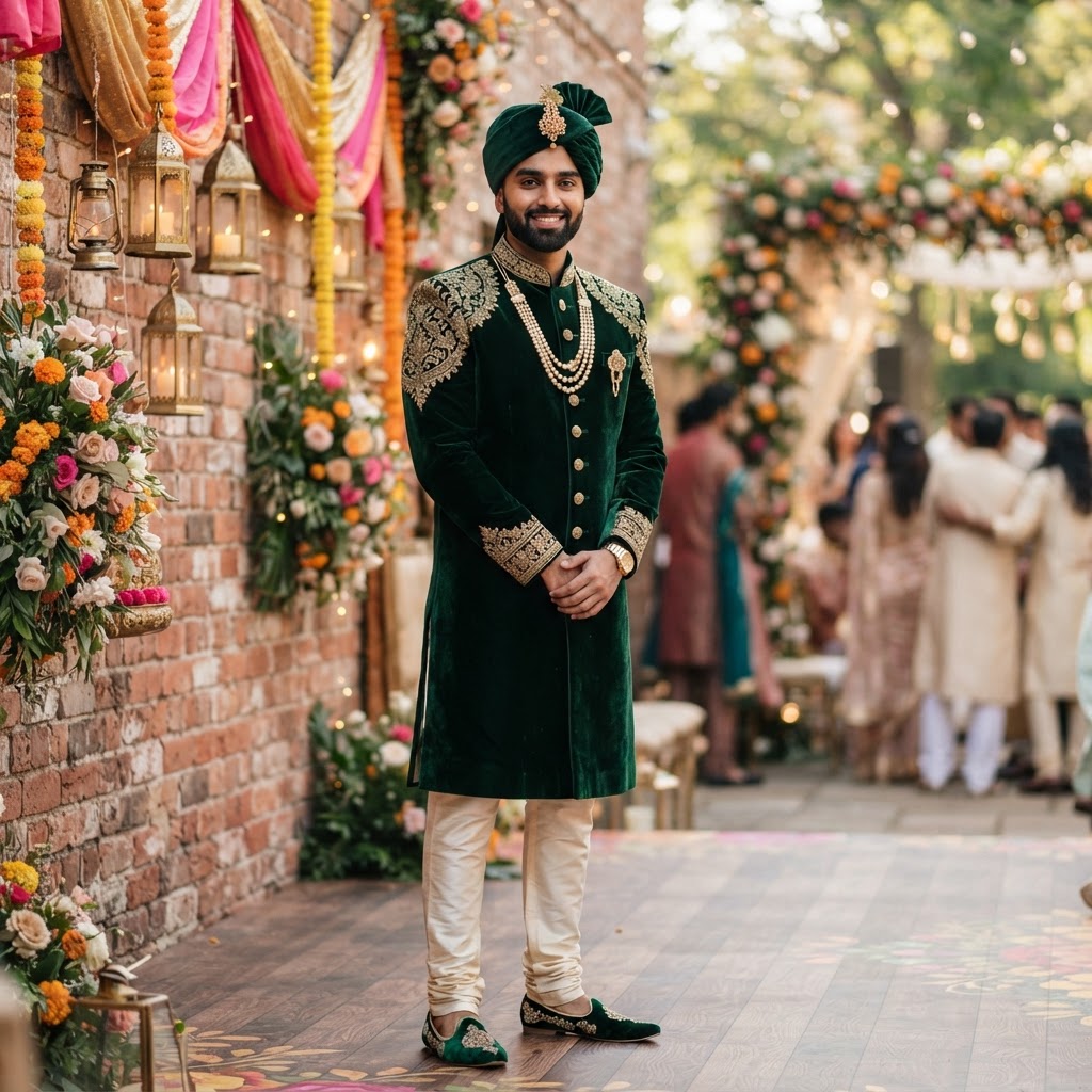 Dark Green Velvet Groom Sherwani