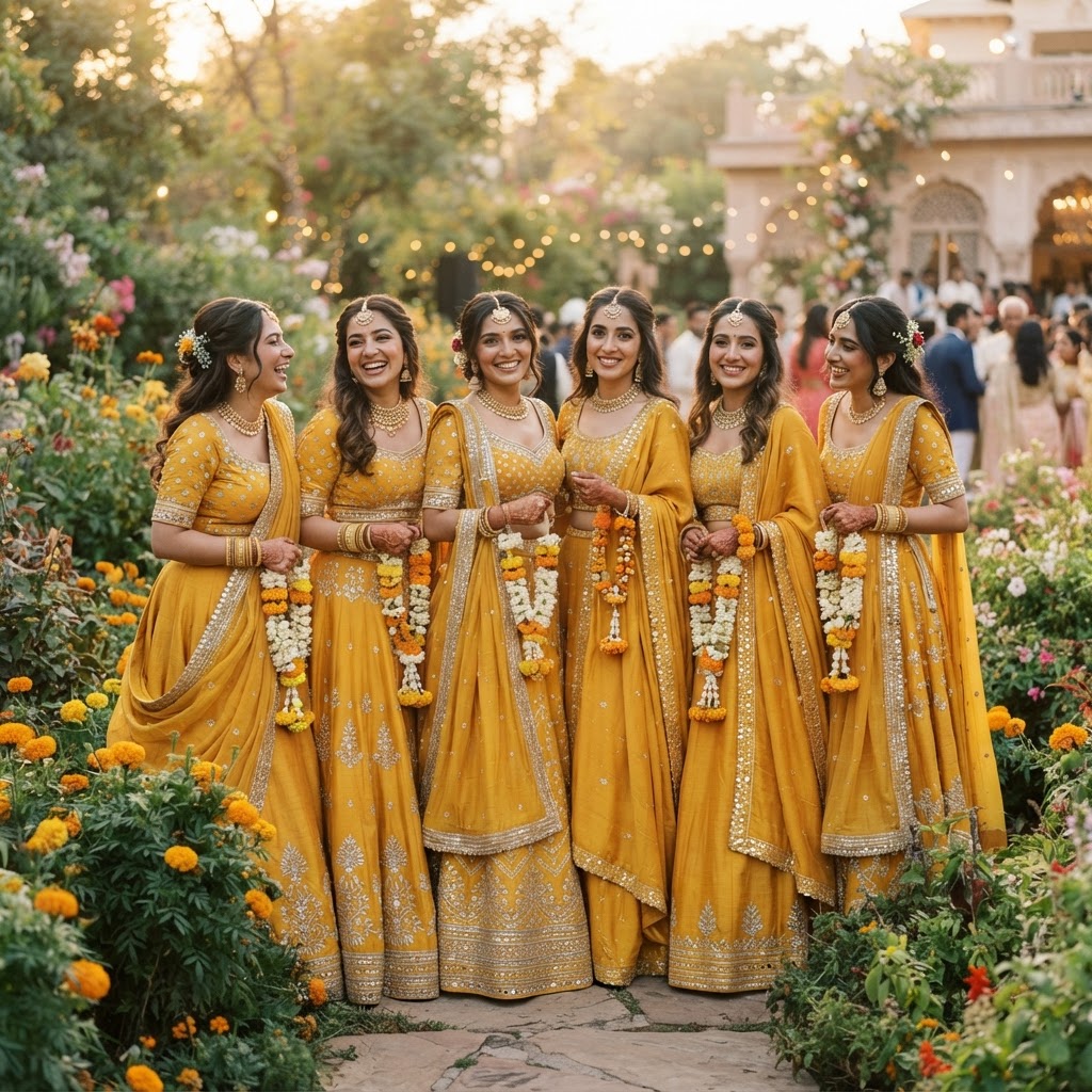Coordinated Yellow Floral Embroidered Bridesmaids Outfits