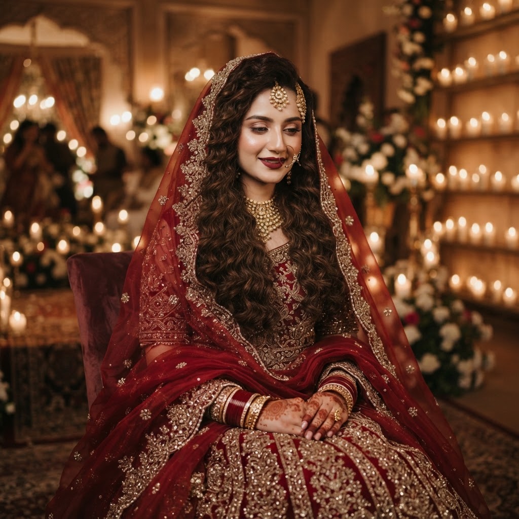 Curly Bridal Hairstyle With Red Dupatta