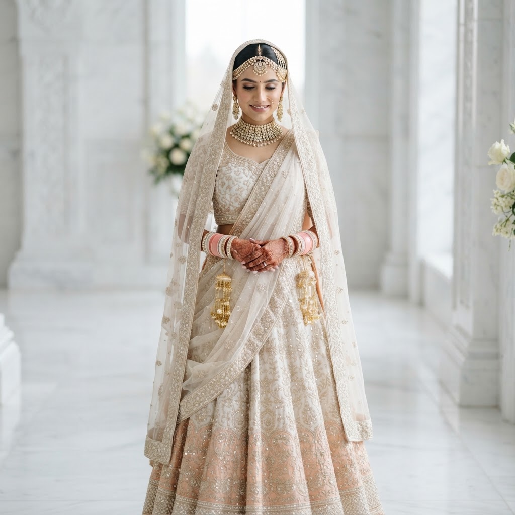 Elegant White And Peach Bridal Lehenga