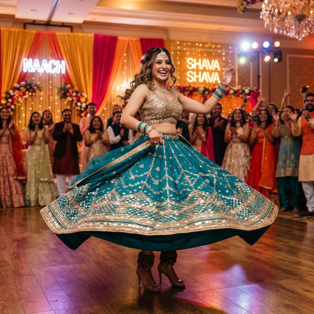 Teal And Gold Embellished Sangeet Lehenga