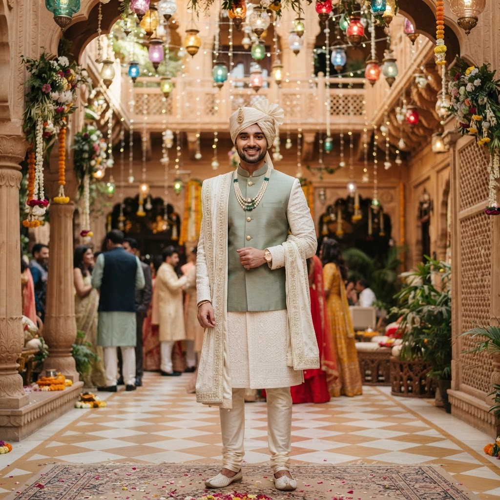 Sage Green And Ivory Groom Sherwani