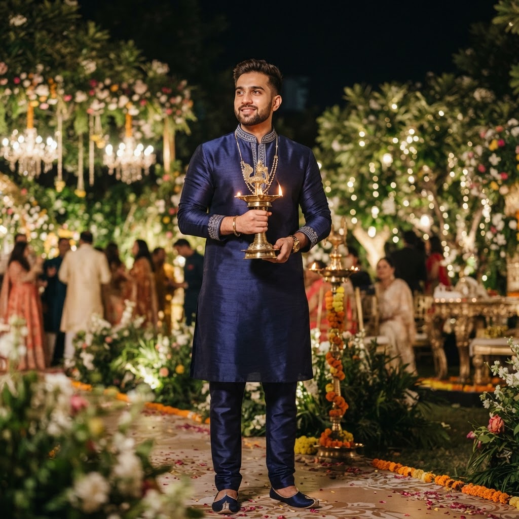 Navy Blue Silk Kurta For Groom