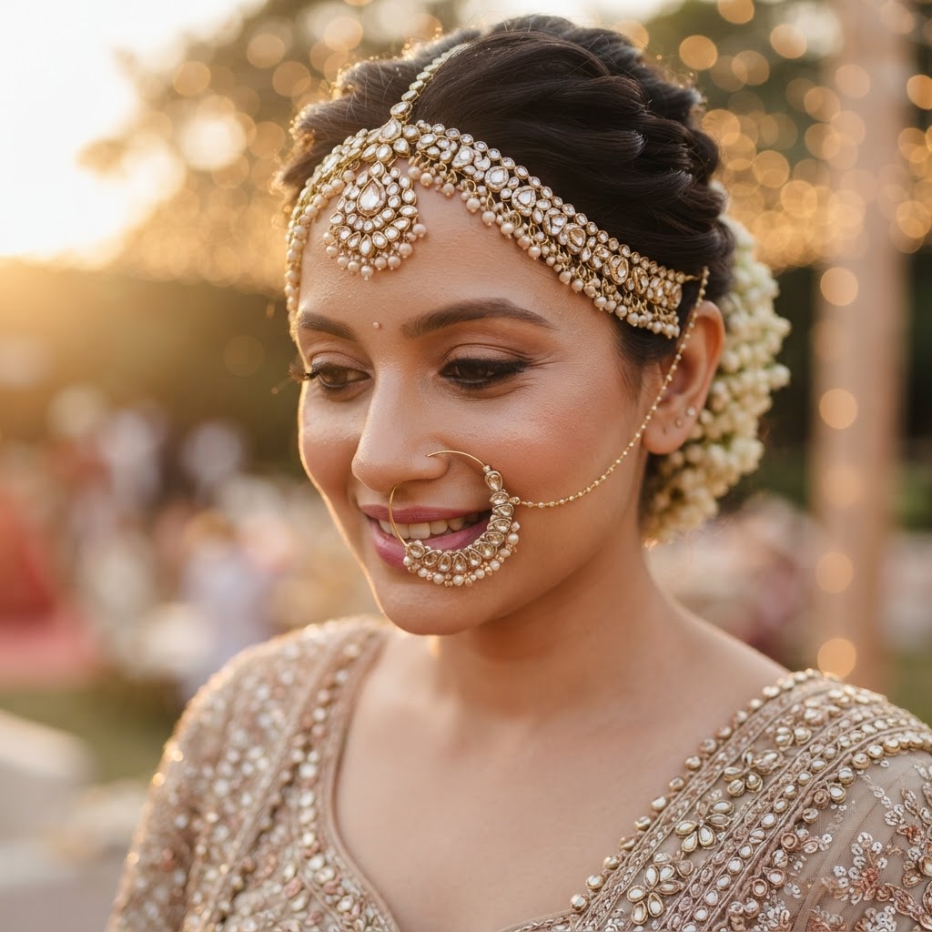 Elegant Kundan Mathapatti And Nath Set