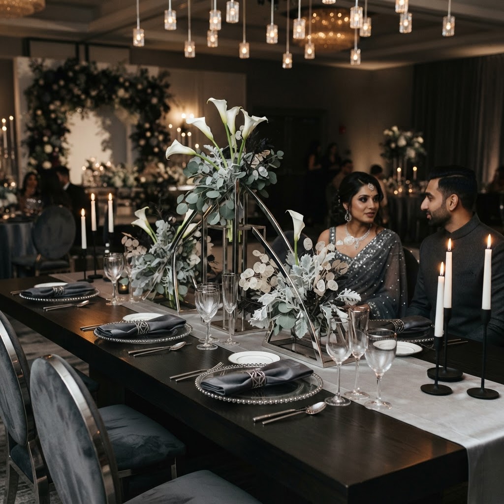 Elegant Grey And Silver Reception Tablescape
