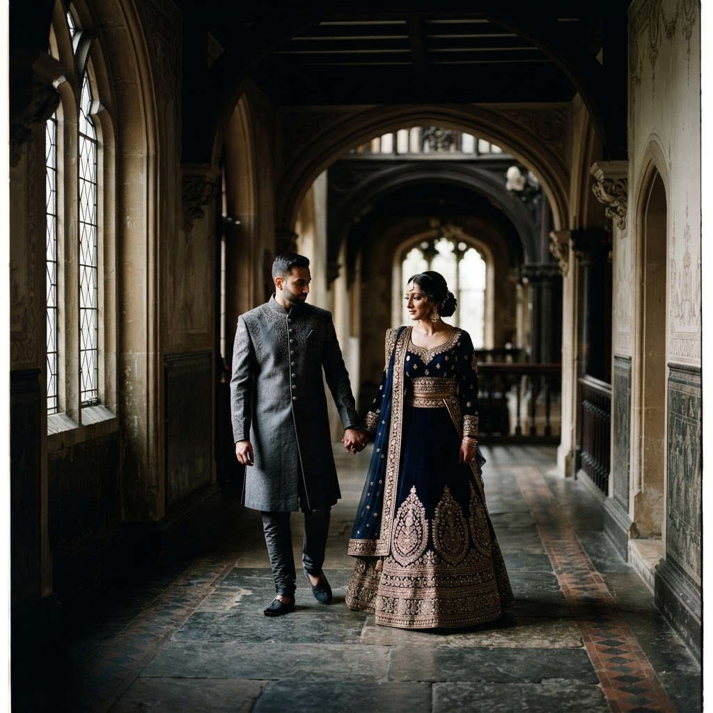 Elegant Navy And Grey Couple Portrait