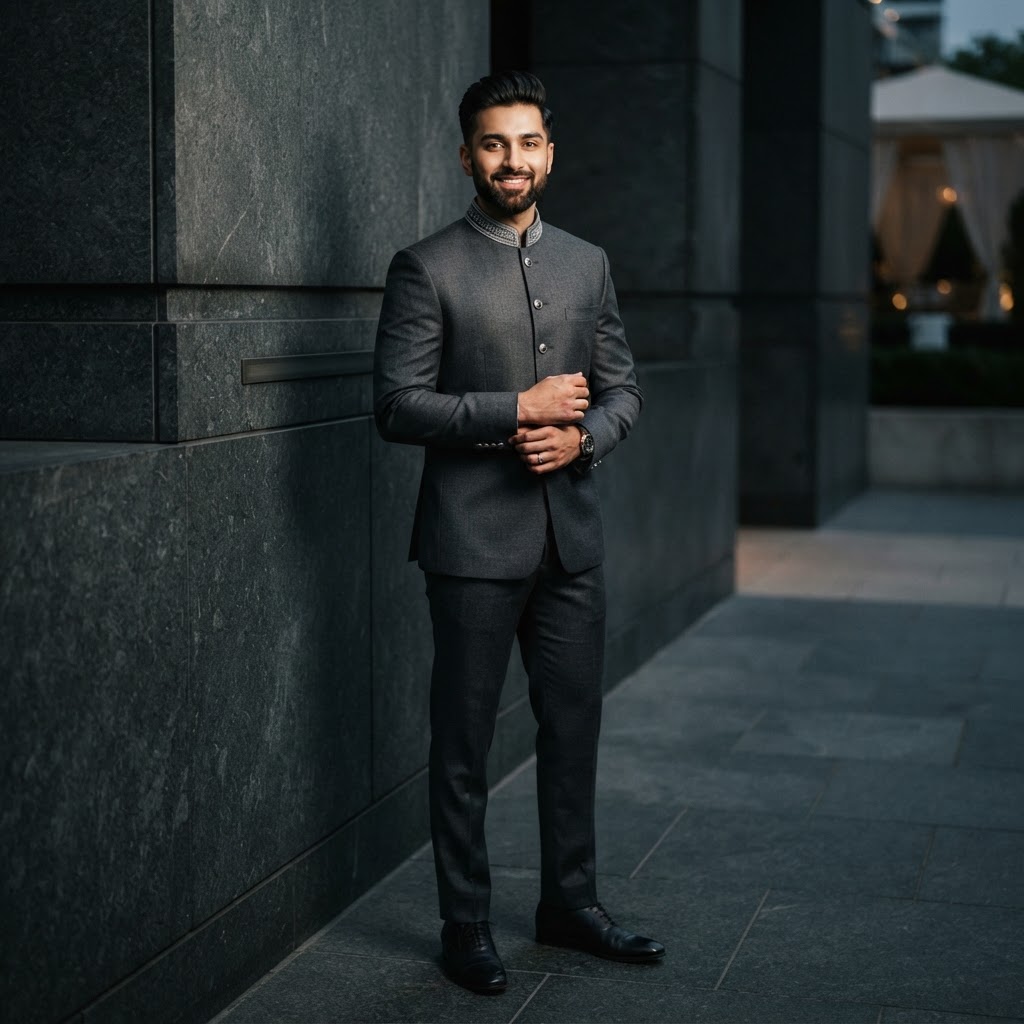 Charcoal Grey Groom Bandhgala Suit