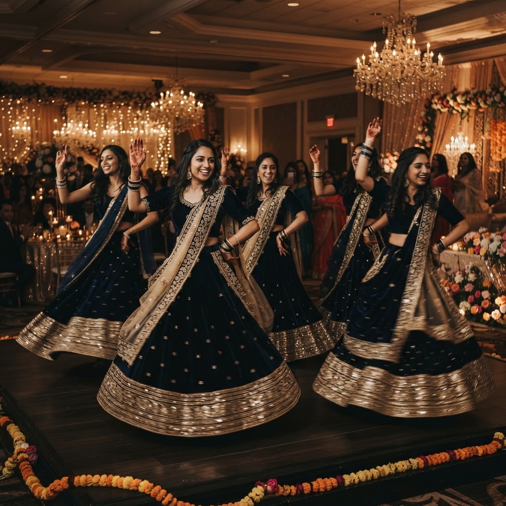 Navy Blue Velvet Bridesmaid Lehenga Sets