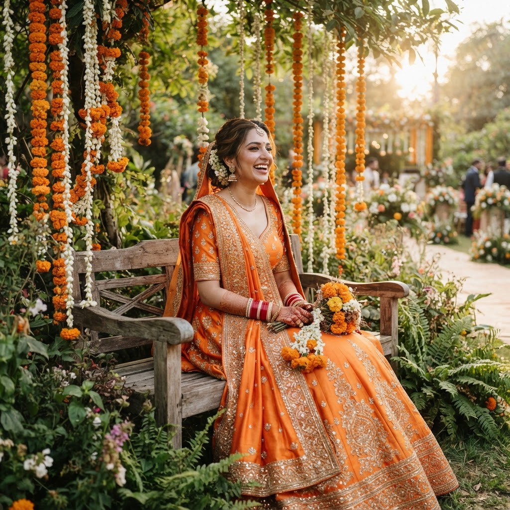 Vibrant Orange Floral Haldi Bridal Lehenga