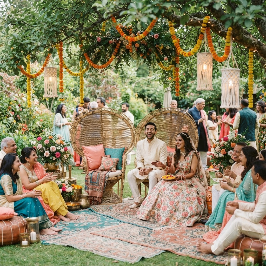 Boho Chic Garden Mehndi Ceremony Setup