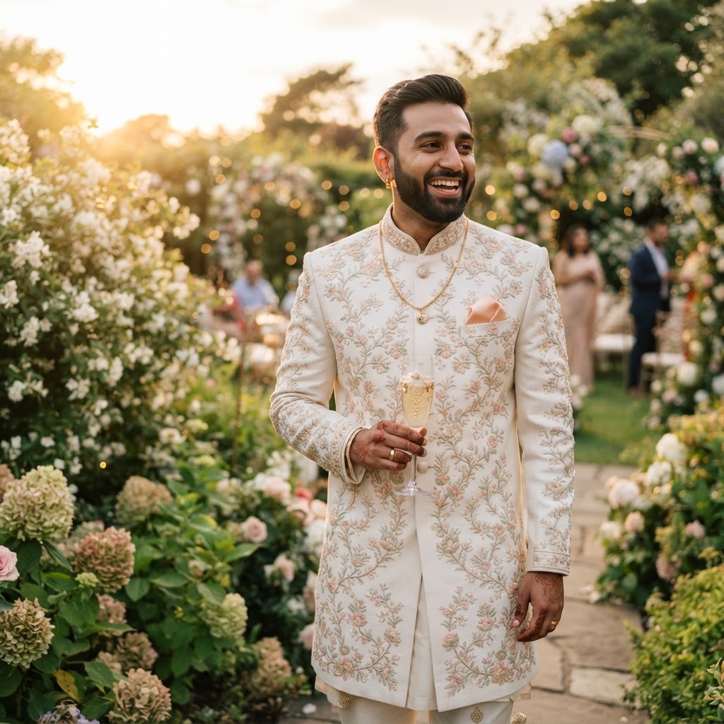 Cream Floral Embroidered Groom Sherwani