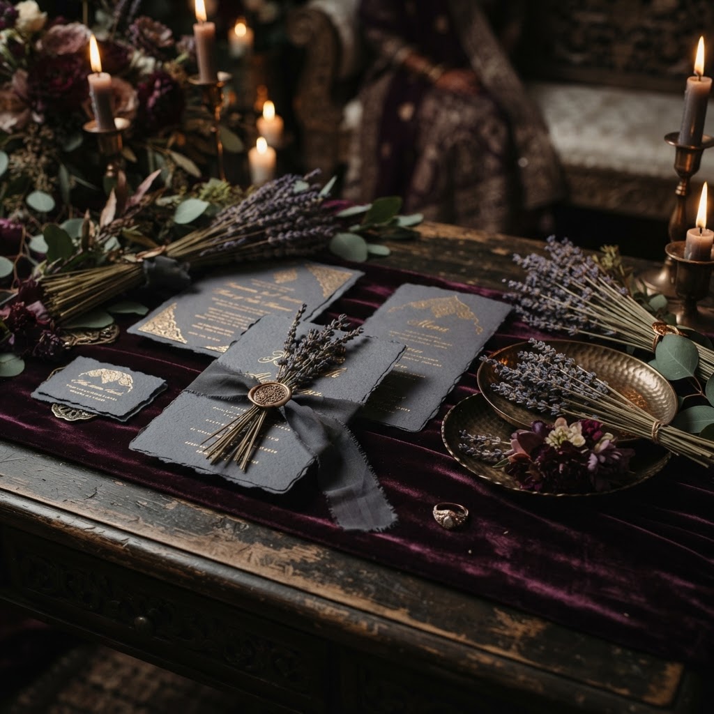 Moody Lavender And Velvet Wedding Stationery