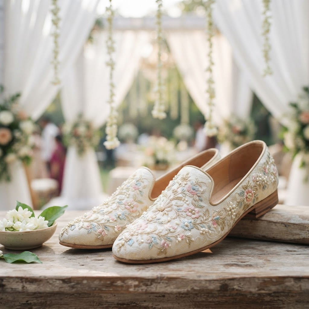 Floral Embroidered Off White Groom Mojaris