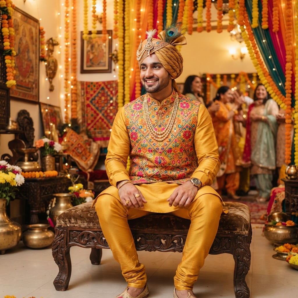 Mustard Yellow Embroidered Groom Jaggo Outfit