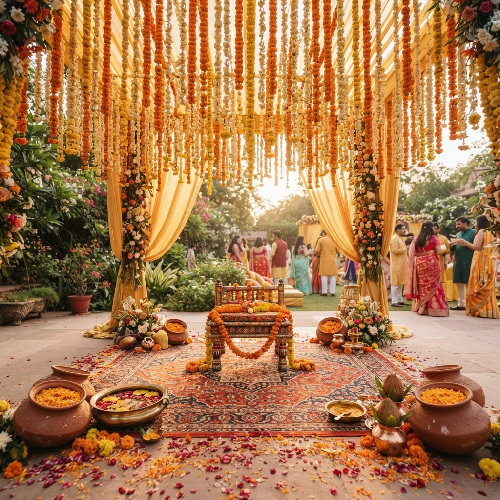 Vibrant Marigold Haldi Ceremony Decor