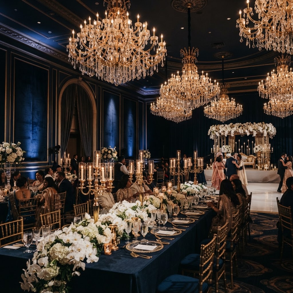 Elegant Navy And Gold Reception Decor
