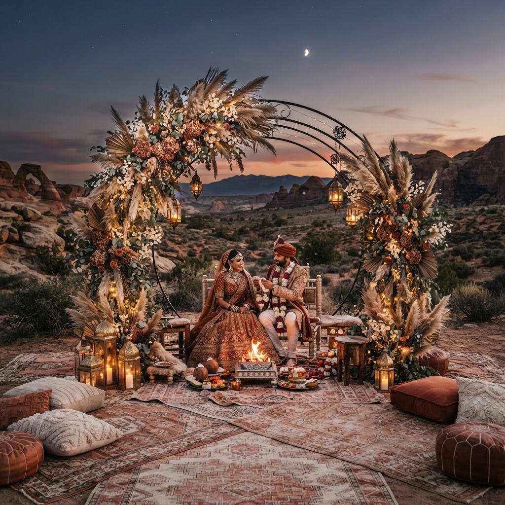 Bohemian Desert Sunset Wedding Mandap Decor